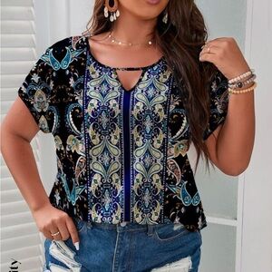 Shein Unity Plus Paisley Print Keyhole Neckline Batwing Sleeve Top 2X